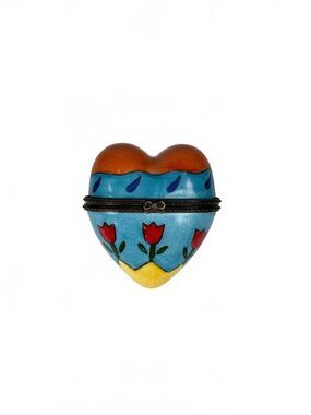 Vintage Hand-Painted Heart Shaped Trinket Box Floral Tulip Motif Hinged Lid